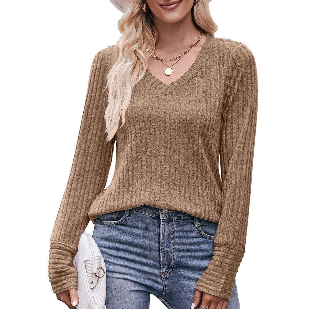 Long Sleeve T Shirt for Women Casual V Neck Ribbed Brushed Solid Color - Picture 75 of 86