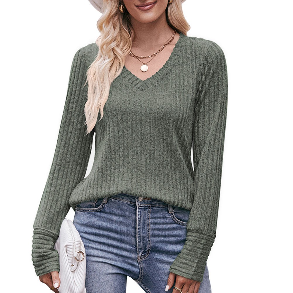 Long Sleeve T Shirt for Women Casual V Neck Ribbed Brushed Solid Color - Picture 63 of 86