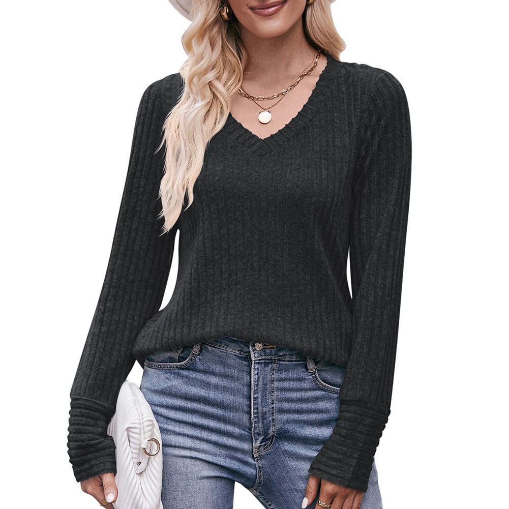 Long Sleeve T Shirt for Women Casual V Neck Ribbed Brushed Solid Color - Picture 25 of 86