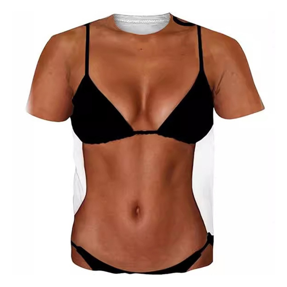 Men Funny 3D Fake Chest Printed TShirts Casual Gym Street Short Sleeve Top - Picture 8 of 18