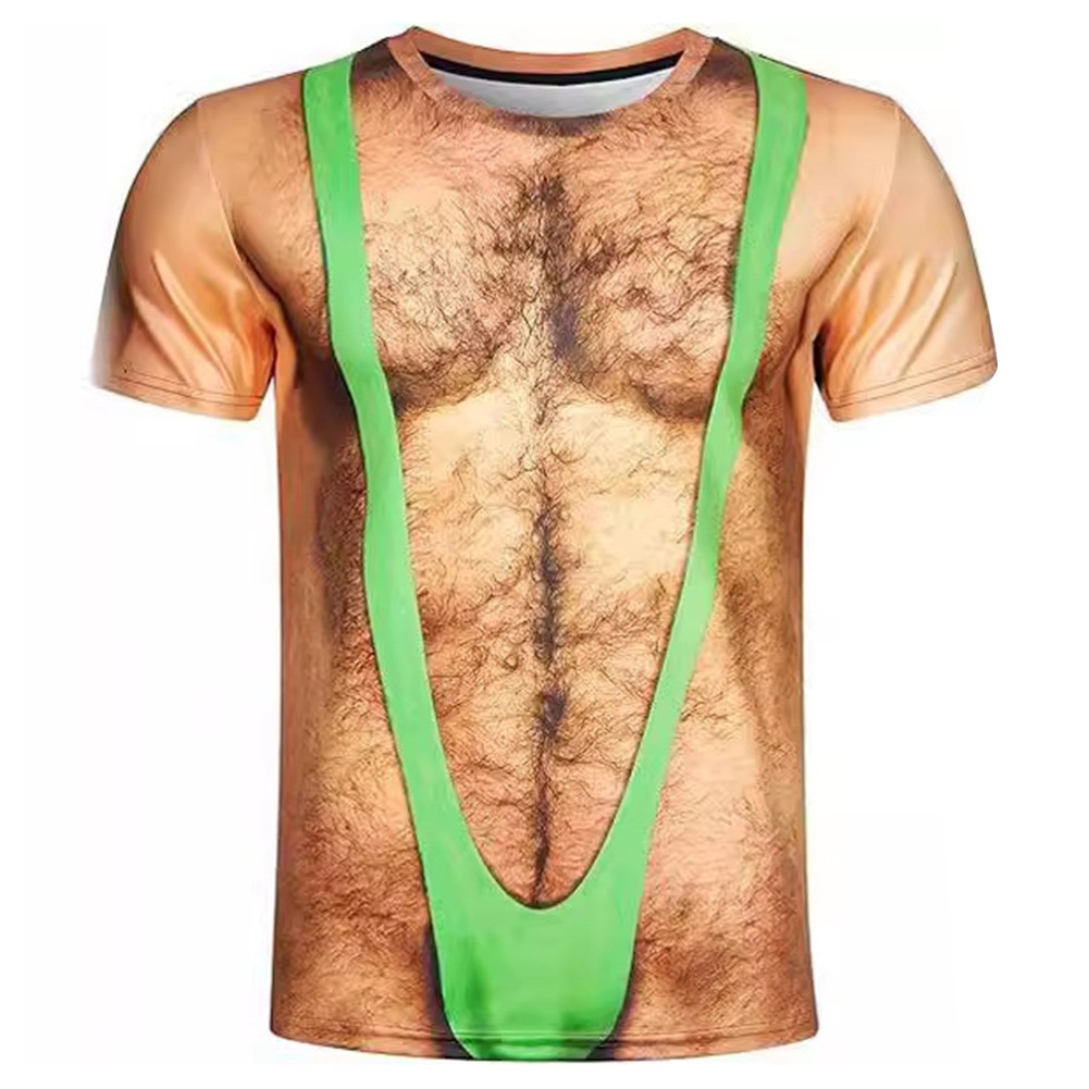 Men Funny 3D Fake Chest Printed TShirts Casual Gym Street Short Sleeve Top - Picture 15 of 18