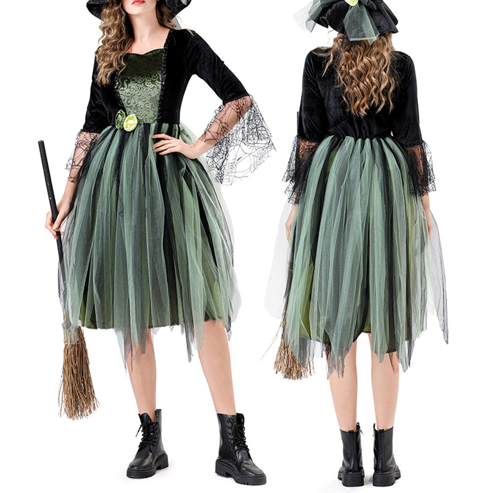 Wicked Witch Costume Dress for Women Green Party Outfit with Hat for Stage Show - Picture 16 of 20