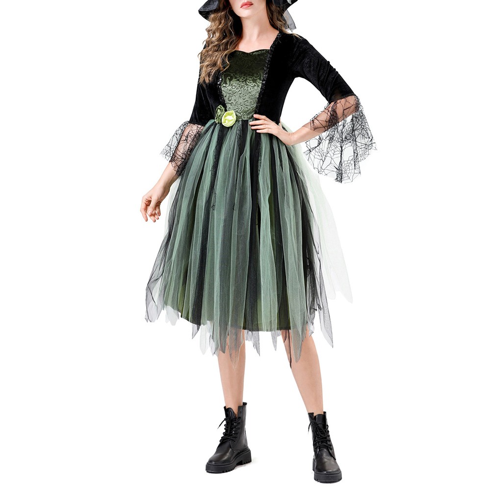 Wicked Witch Costume Dress for Women Green Party Outfit with Hat for Stage Show - Picture 19 of 20