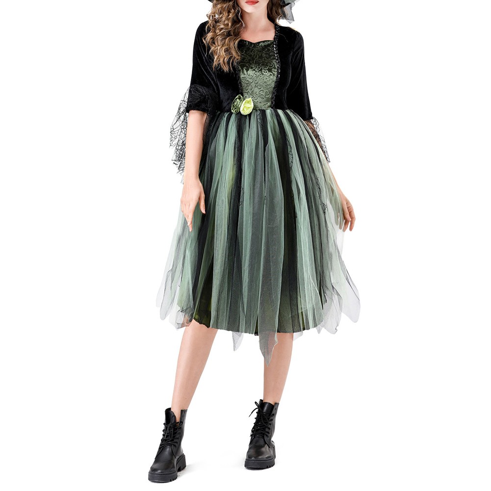Wicked Witch Costume Dress for Women Green Party Outfit with Hat for Stage Show - Picture 18 of 20