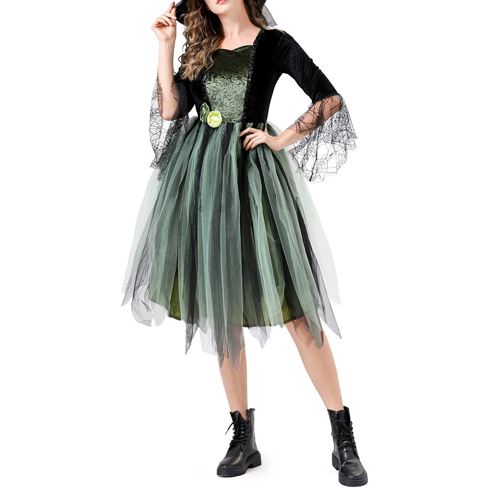 Wicked Witch Costume Dress for Women Green Party Outfit with Hat for Stage Show - Picture 20 of 20