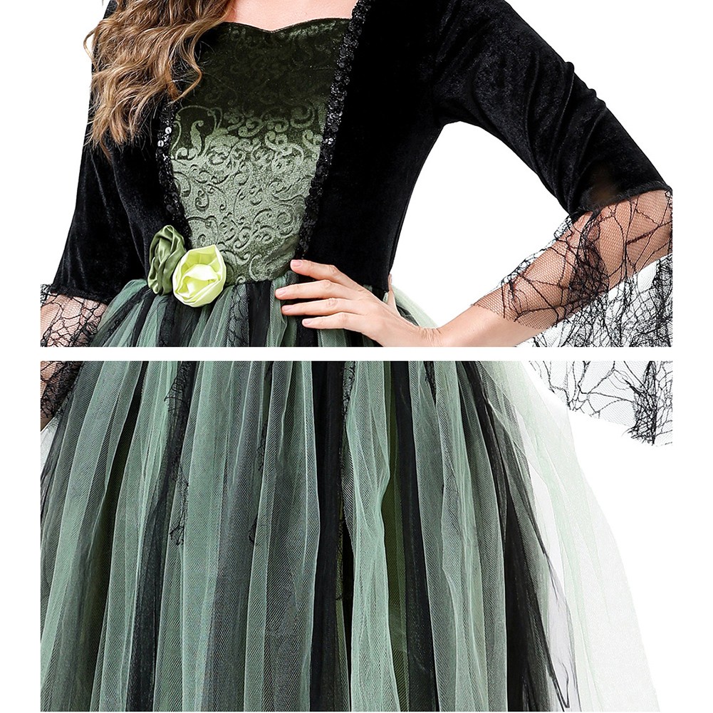 Wicked Witch Costume Dress for Women Green Party Outfit with Hat for Stage Show - Picture 17 of 20