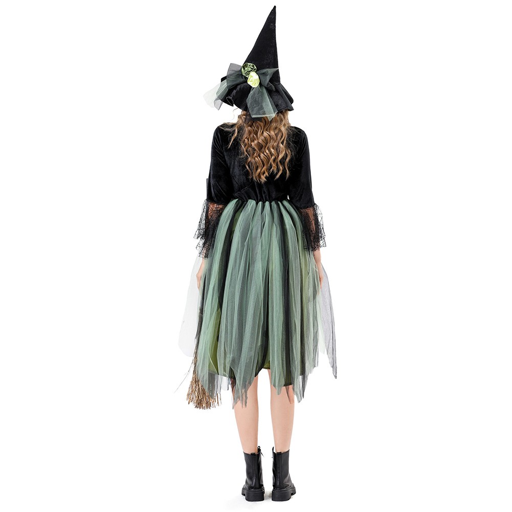 Wicked Witch Costume Dress for Women Green Party Outfit with Hat for Stage Show - Picture 15 of 20