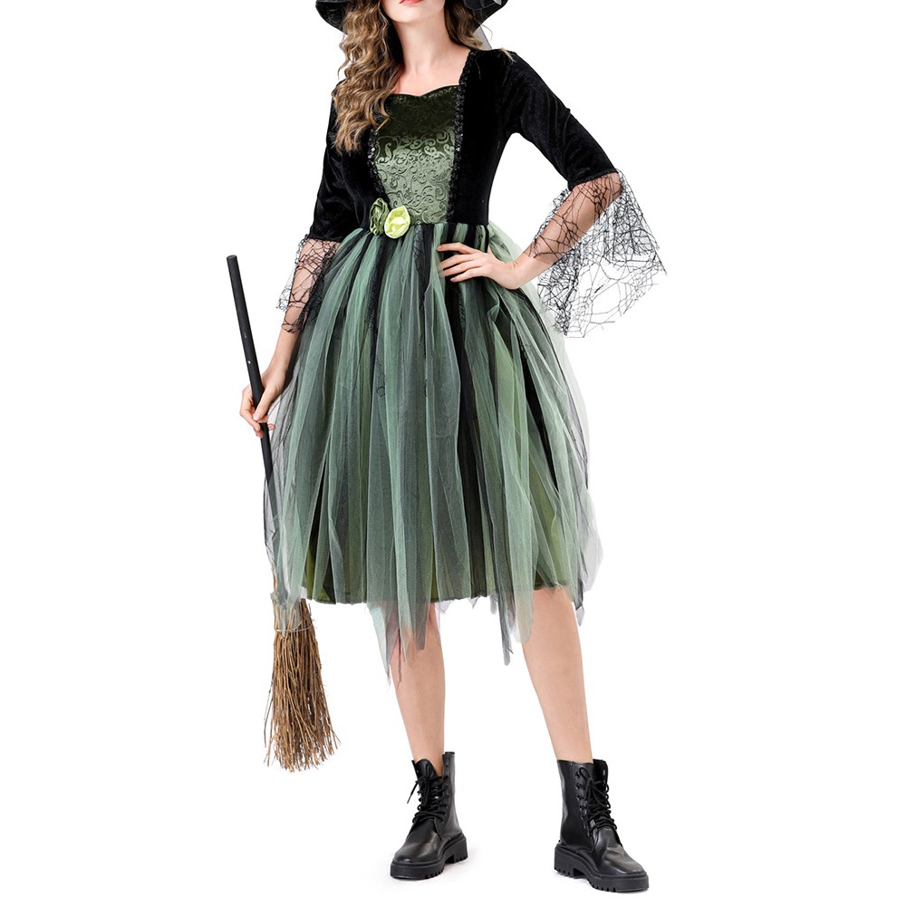 Wicked Witch Costume Dress for Women Green Party Outfit with Hat for Stage Show - Picture 14 of 20
