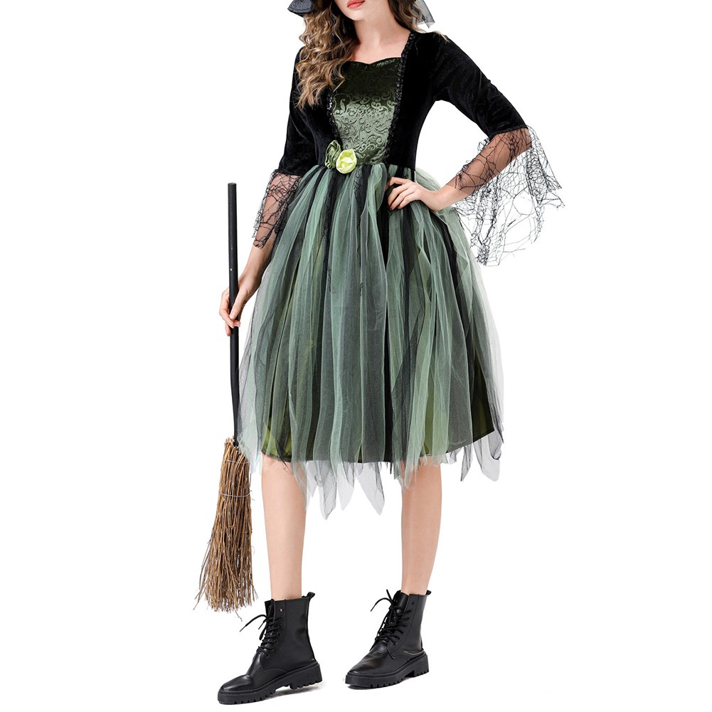 Wicked Witch Costume Dress for Women Green Party Outfit with Hat for Stage Show - Picture 12 of 20