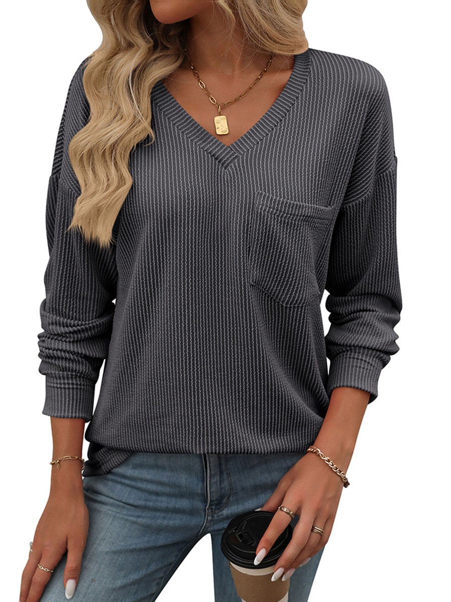 Women V Neck Long Sleeve Casual T Shirt Striped Loose Fit for Various Occasions - Picture 39 of 86