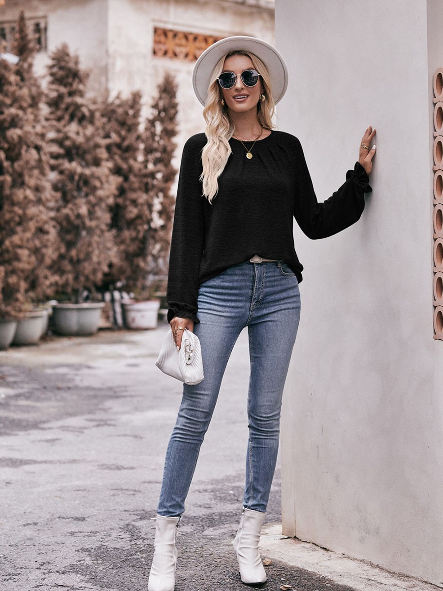 Long-sleeved T-shirt Comfortable Fabric Fashionable Outfit Solid Color Design - Picture 88 of 108