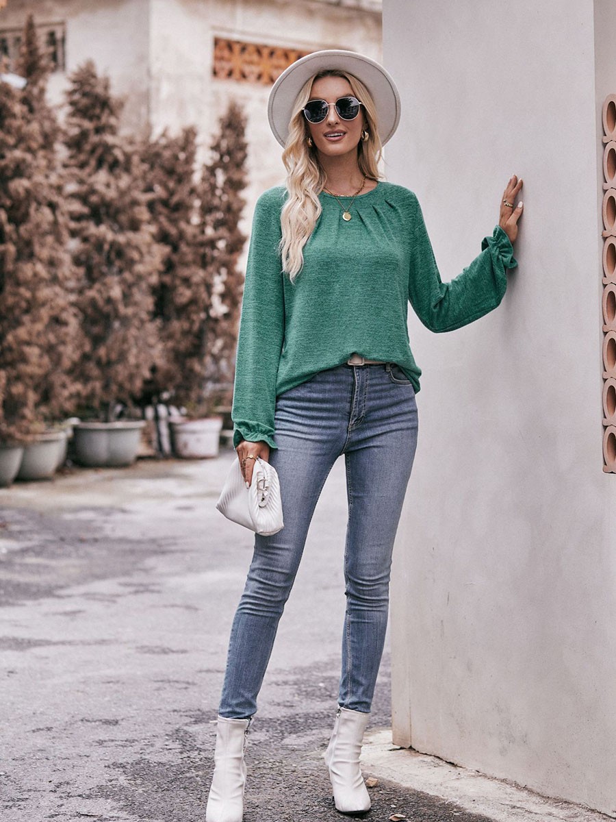 Long-sleeved T-shirt Comfortable Fabric Fashionable Outfit Solid Color Design - Picture 101 of 108