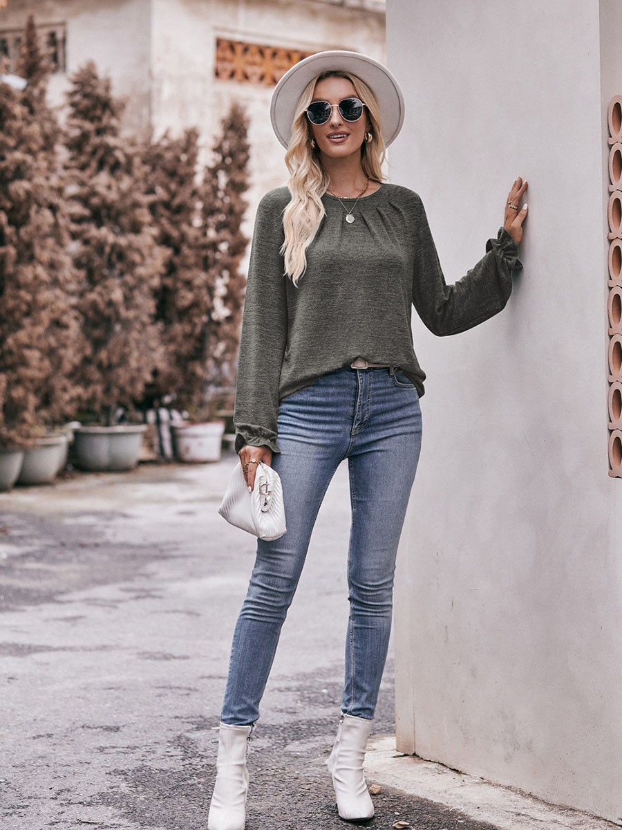 Long-sleeved T-shirt Comfortable Fabric Fashionable Outfit Solid Color Design - Picture 29 of 108