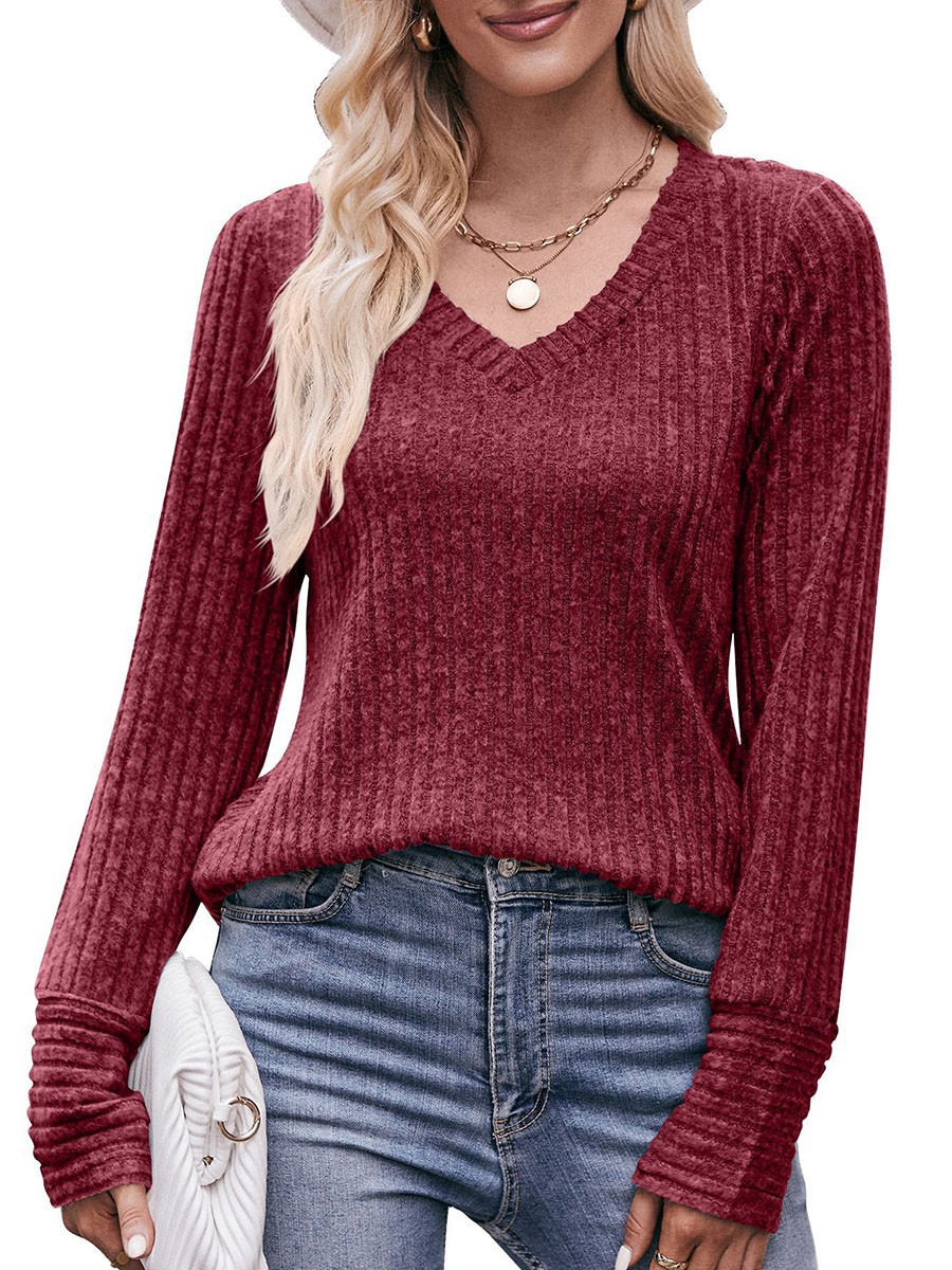 Long Sleeve T Shirt for Women Casual V Neck Ribbed Brushed Solid Color - Picture 45 of 86