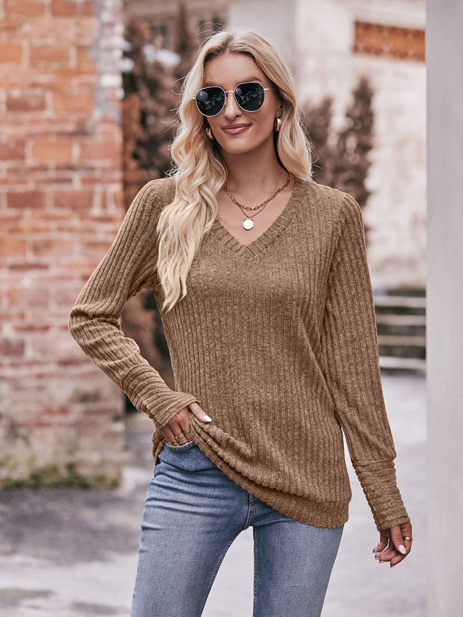 Long Sleeve T Shirt for Women Casual V Neck Ribbed Brushed Solid Color - Picture 80 of 86