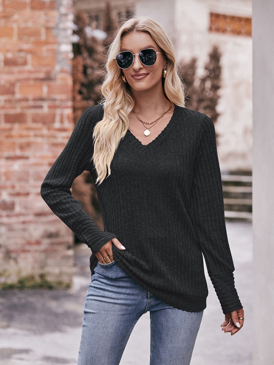 Long Sleeve T Shirt for Women Casual V Neck Ribbed Brushed Solid Color - Picture 28 of 86