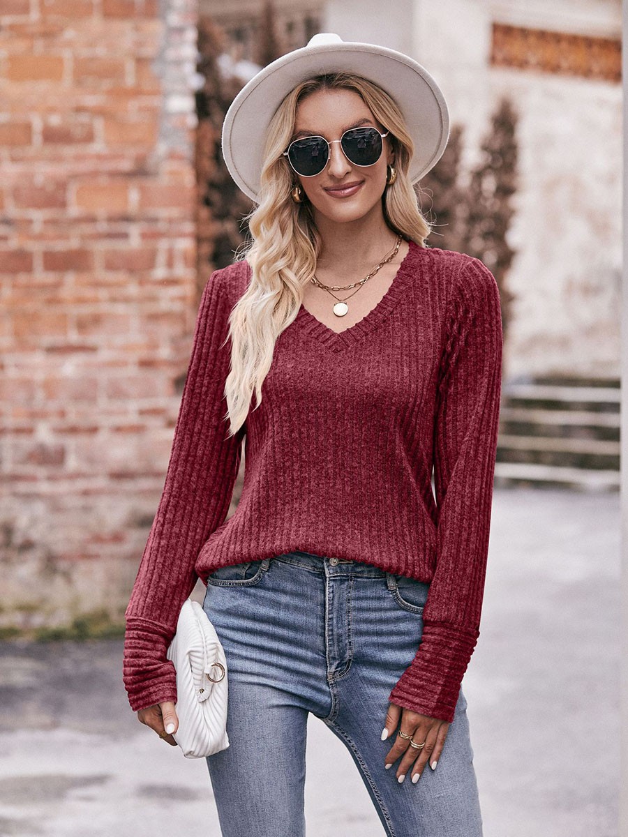Long Sleeve T Shirt for Women Casual V Neck Ribbed Brushed Solid Color - Picture 44 of 86