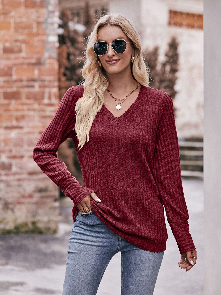 Long Sleeve T Shirt for Women Casual V Neck Ribbed Brushed Solid Color - Picture 43 of 86