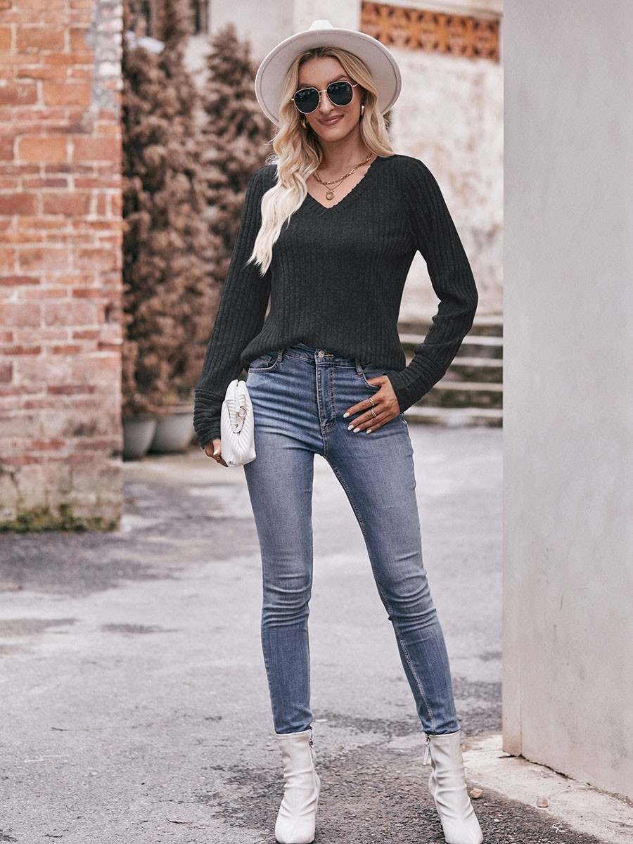 Long Sleeve T Shirt for Women Casual V Neck Ribbed Brushed Solid Color - Picture 27 of 86