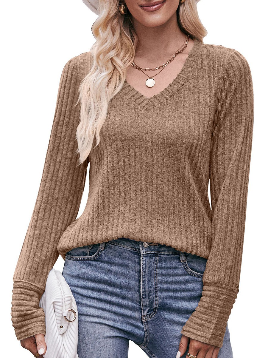 Long Sleeve T Shirt for Women Casual V Neck Ribbed Brushed Solid Color - Picture 79 of 86