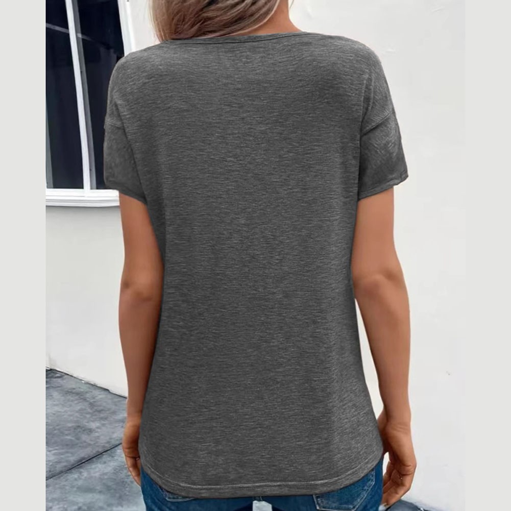Women Casual Solid Color V Neck T Shirt Short Sleeves with Pleated Style - Picture 48 of 84