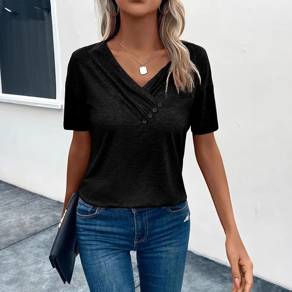 Women Casual Solid Color V Neck T Shirt Short Sleeves with Pleated Style - Picture 50 of 84