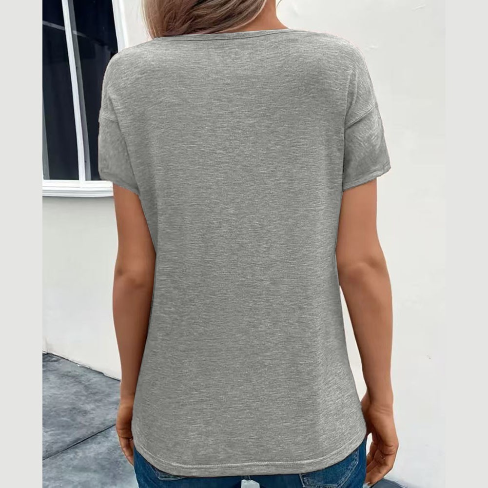 Women Casual Solid Color V Neck T Shirt Short Sleeves with Pleated Style - Picture 34 of 84