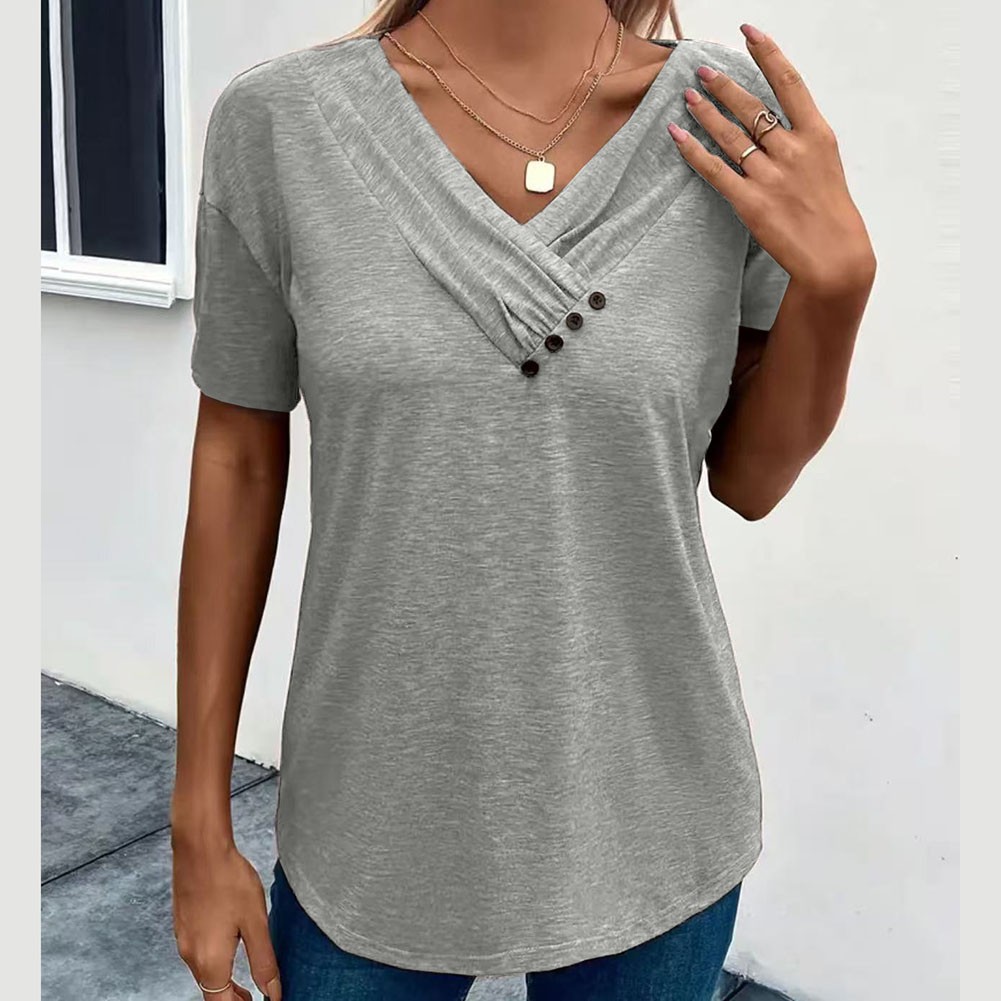 Women Casual Solid Color V Neck T Shirt Short Sleeves with Pleated Style - Picture 33 of 84