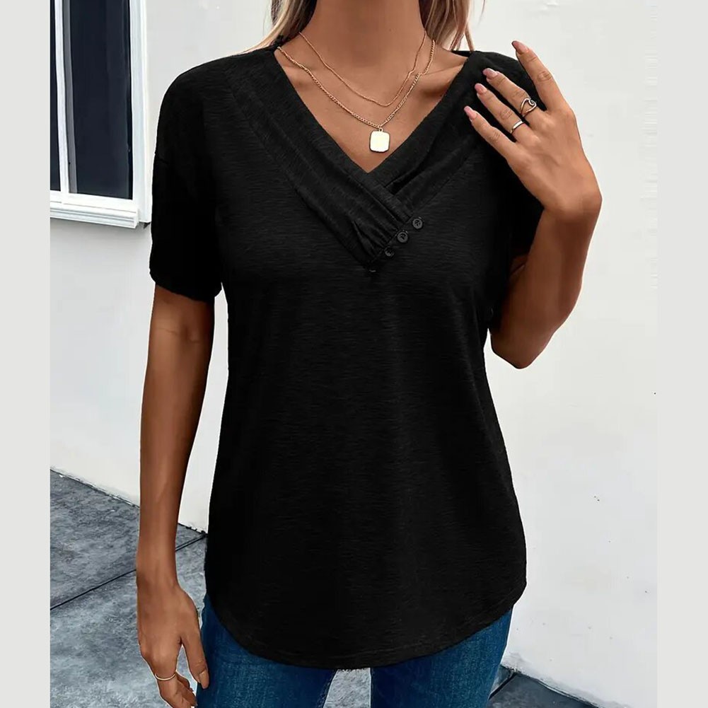 Women Casual Solid Color V Neck T Shirt Short Sleeves with Pleated Style - Picture 28 of 84