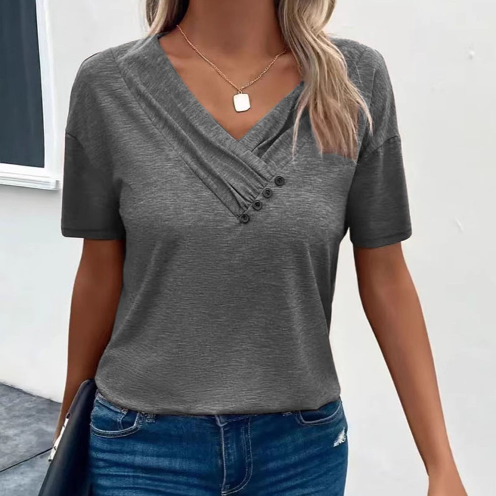 Women Casual Solid Color V Neck T Shirt Short Sleeves with Pleated Style - Picture 25 of 84