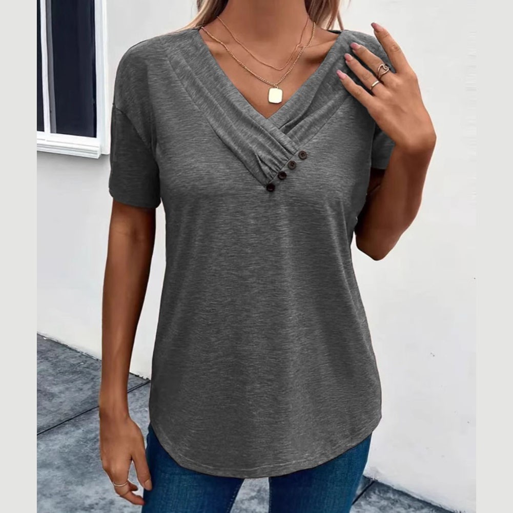 Women Casual Solid Color V Neck T Shirt Short Sleeves with Pleated Style - Picture 47 of 84