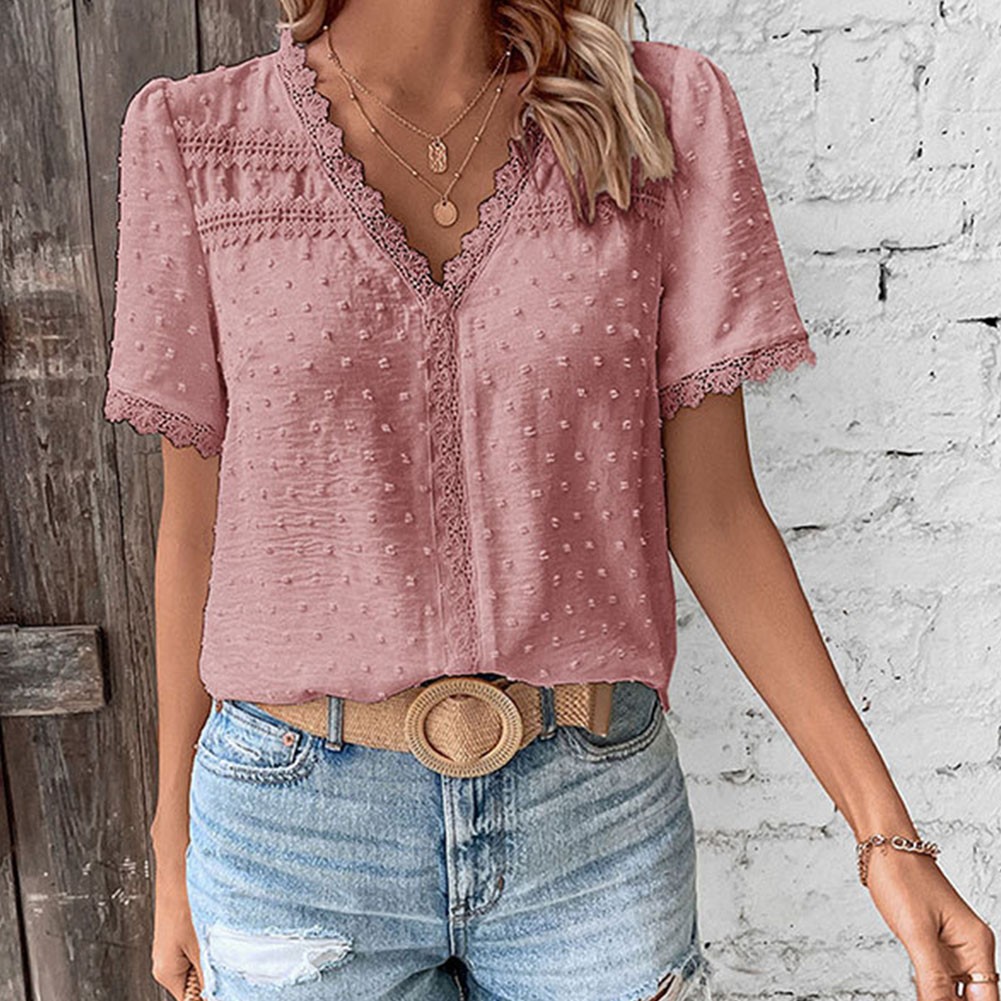 Short Sleeve Casual Women Shirt Summer V Neck Solid Color Breathable Fabric - Picture 49 of 70