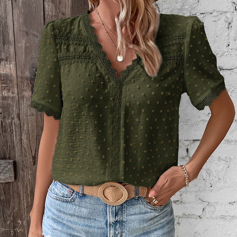 Short Sleeve Casual Women Shirt Summer V Neck Solid Color Breathable Fabric - Picture 59 of 70