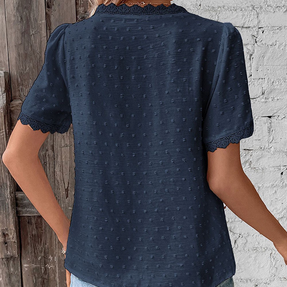 Short Sleeve Casual Women Shirt Summer V Neck Solid Color Breathable Fabric - Picture 45 of 70