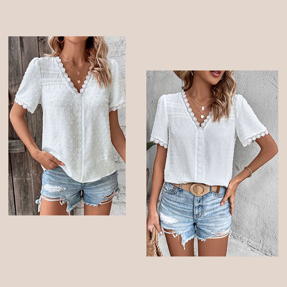 Short Sleeve Casual Women Shirt Summer V Neck Solid Color Breathable Fabric - Picture 36 of 70