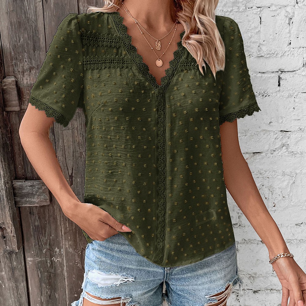 Short Sleeve Casual Women Shirt Summer V Neck Solid Color Breathable Fabric - Picture 69 of 70
