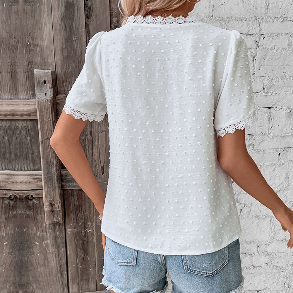 Short Sleeve Casual Women Shirt Summer V Neck Solid Color Breathable Fabric - Picture 25 of 70