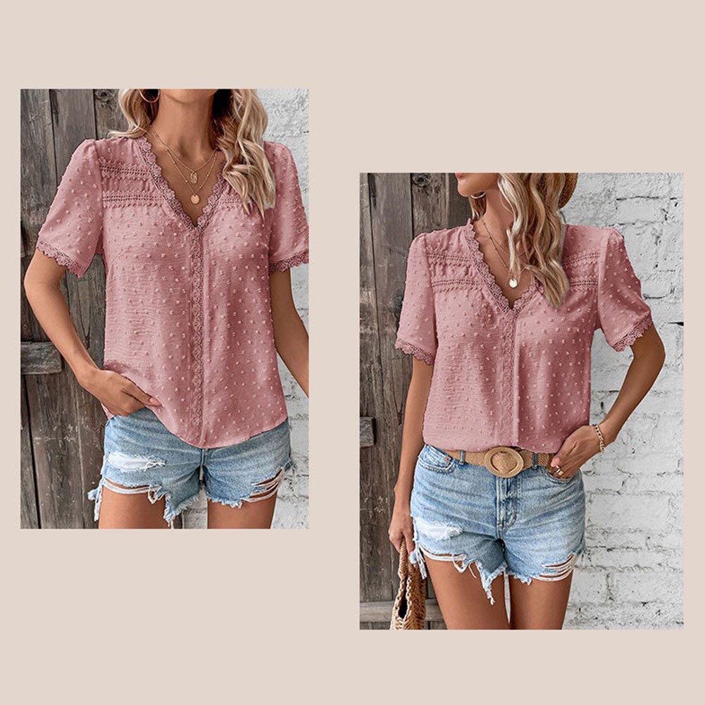 Short Sleeve Casual Women Shirt Summer V Neck Solid Color Breathable Fabric - Picture 57 of 70