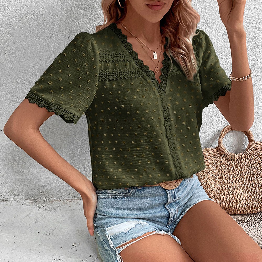 Short Sleeve Casual Women Shirt Summer V Neck Solid Color Breathable Fabric - Picture 66 of 70