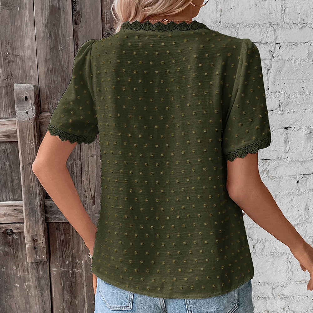 Short Sleeve Casual Women Shirt Summer V Neck Solid Color Breathable Fabric - Picture 70 of 70