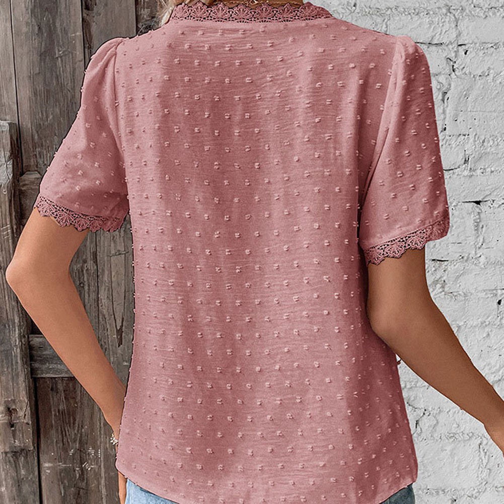 Short Sleeve Casual Women Shirt Summer V Neck Solid Color Breathable Fabric - Picture 51 of 70