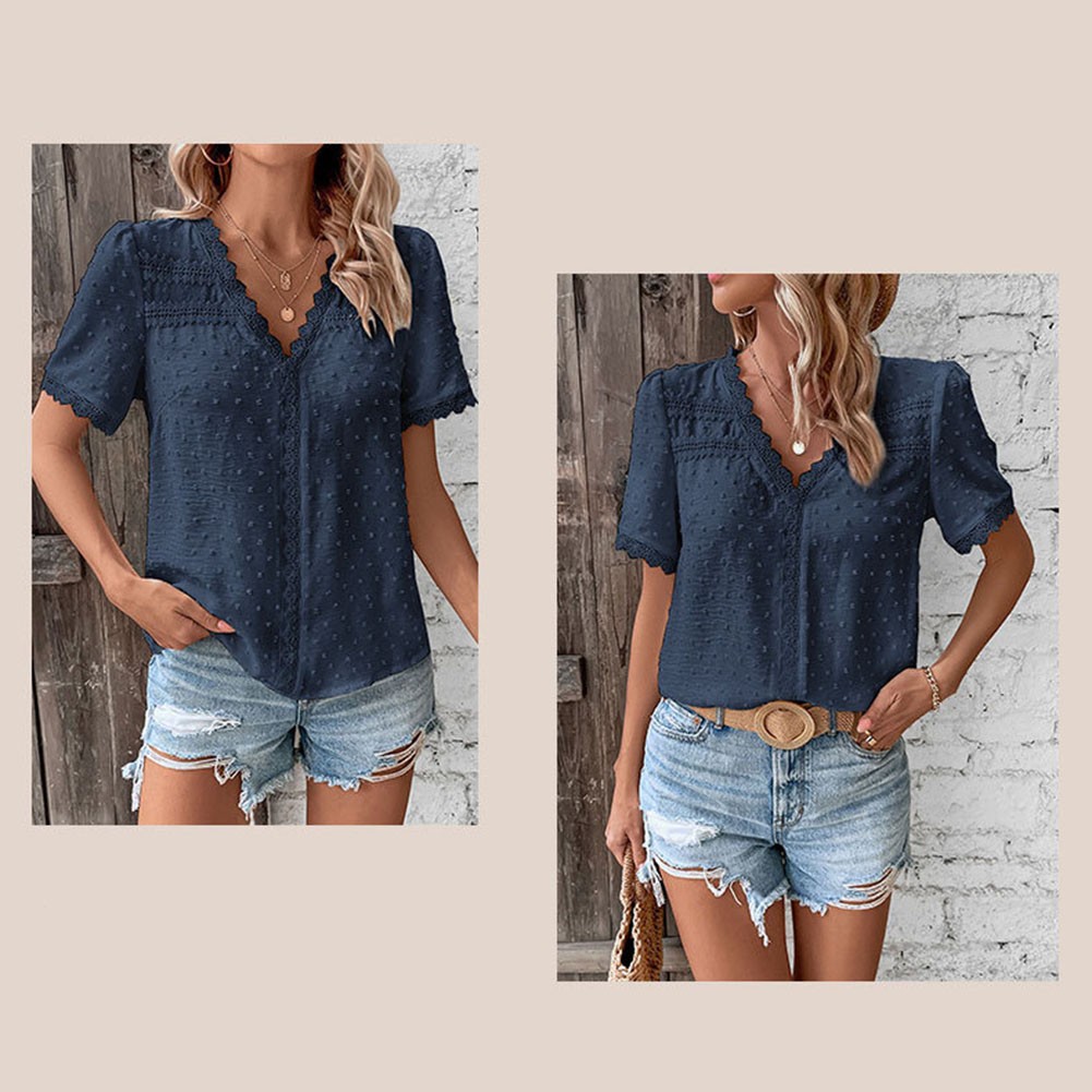 Short Sleeve Casual Women Shirt Summer V Neck Solid Color Breathable Fabric - Picture 47 of 70
