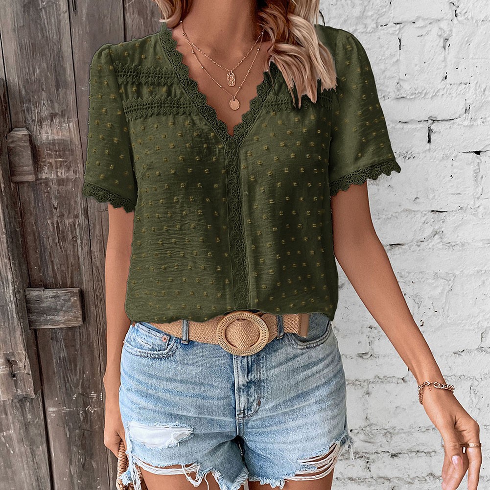 Short Sleeve Casual Women Shirt Summer V Neck Solid Color Breathable Fabric - Picture 67 of 70