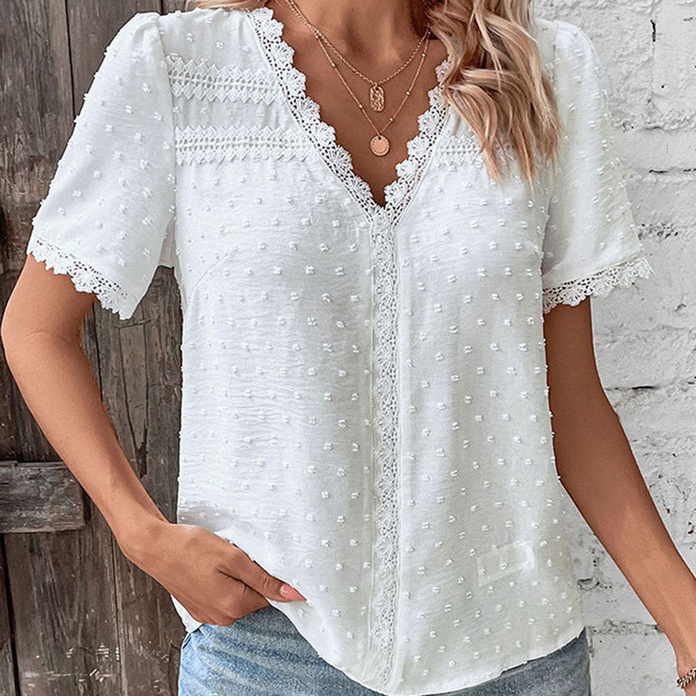 Short Sleeve Casual Women Shirt Summer V Neck Solid Color Breathable Fabric - Picture 35 of 70