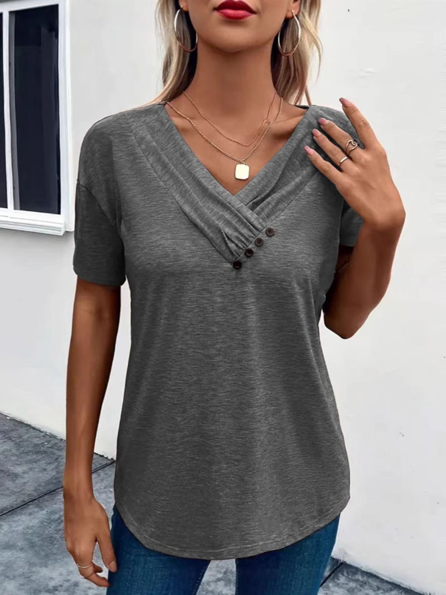 Women Casual Solid Color V Neck T Shirt Short Sleeves with Pleated Style - Picture 46 of 84
