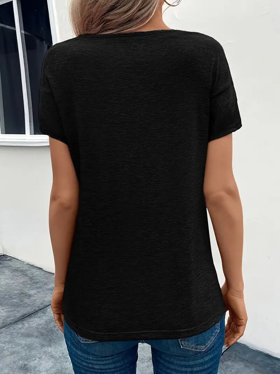 Women Casual Solid Color V Neck T Shirt Short Sleeves with Pleated Style - Picture 39 of 84