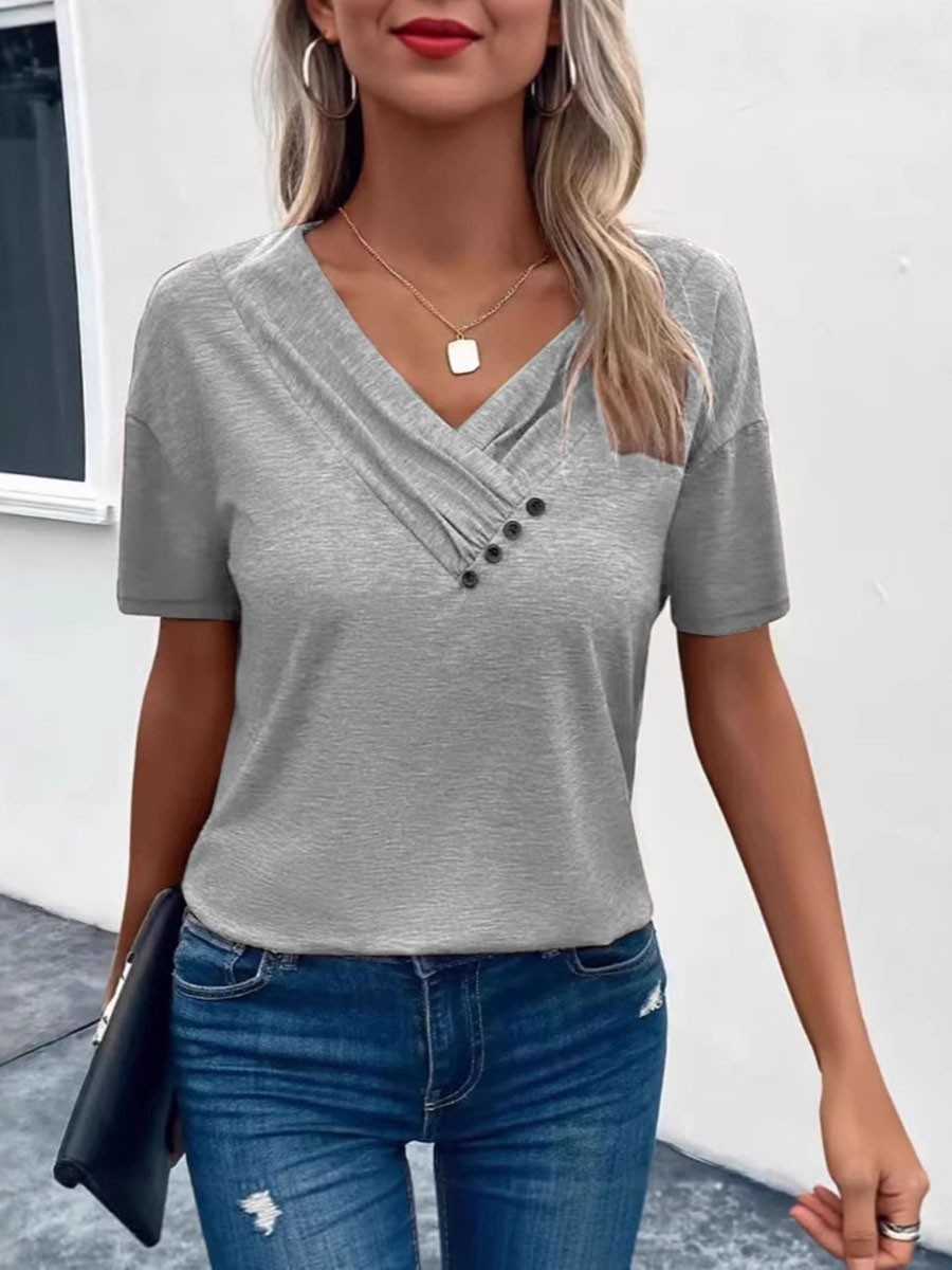 Women Casual Solid Color V Neck T Shirt Short Sleeves with Pleated Style - Picture 31 of 84