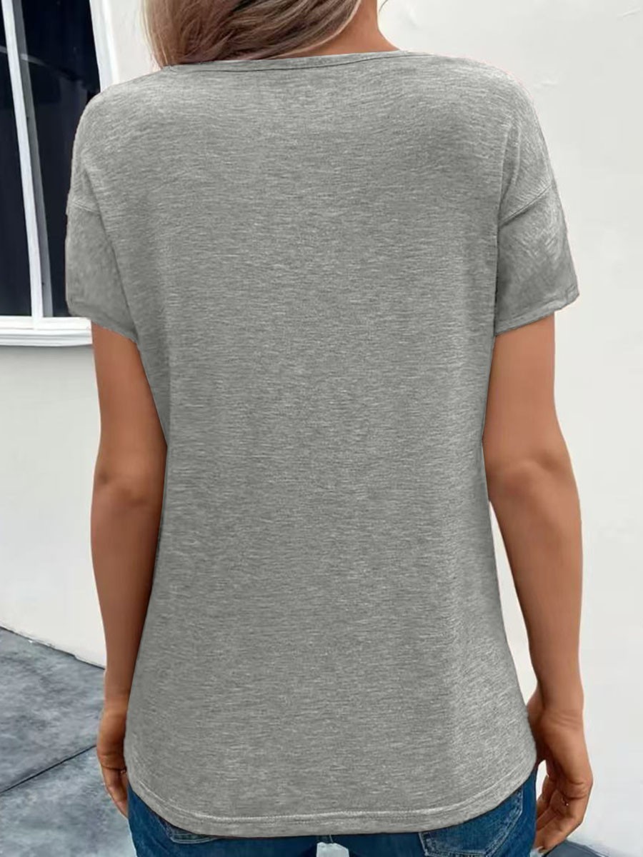 Women Casual Solid Color V Neck T Shirt Short Sleeves with Pleated Style - Picture 32 of 84