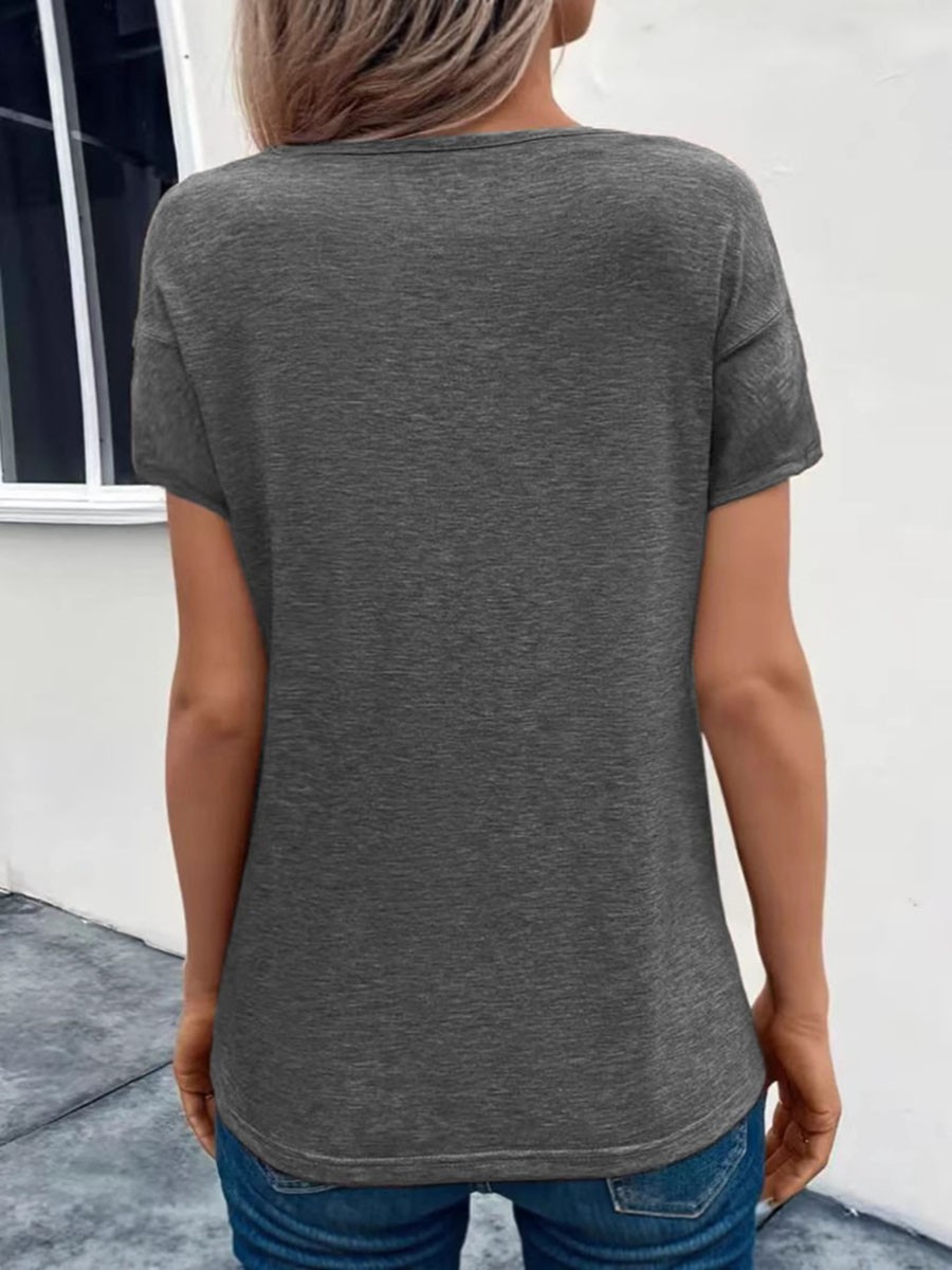Women Casual Solid Color V Neck T Shirt Short Sleeves with Pleated Style - Picture 36 of 84
