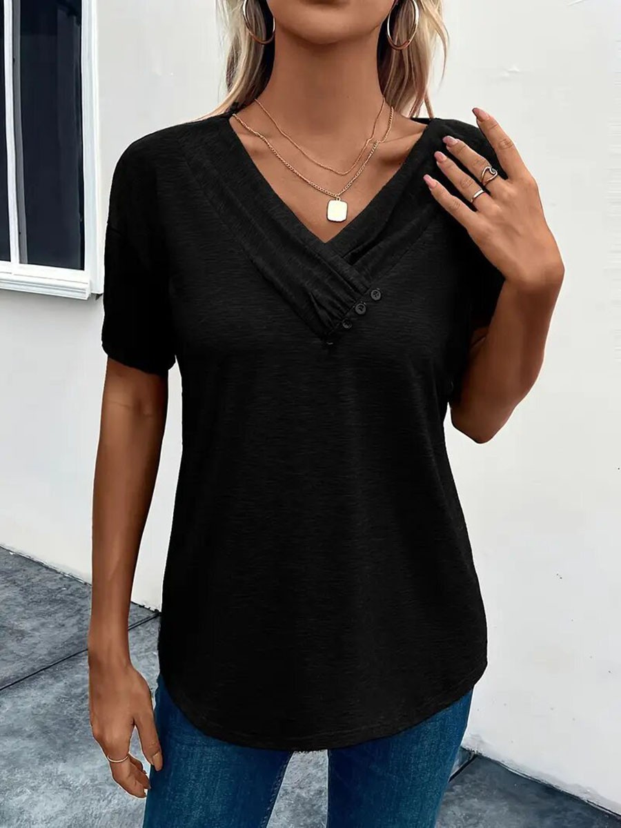 Women Casual Solid Color V Neck T Shirt Short Sleeves with Pleated Style - Picture 41 of 84